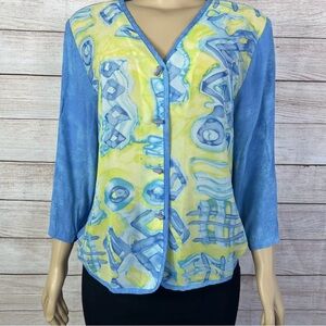 Vintage 80s Nino Wong Cali Yellow Blue  Top Blouse 3/4 Sleeve Front Button